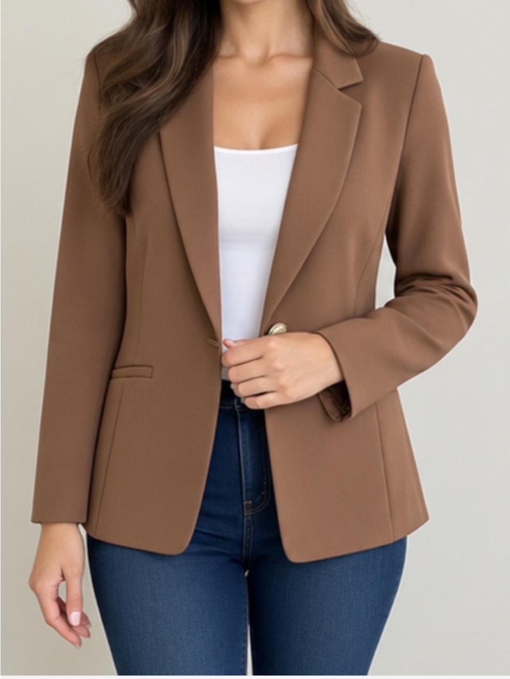 Susan Graver SG Tailored Blazer Brown Taupe Petite M Stretch Gold Button